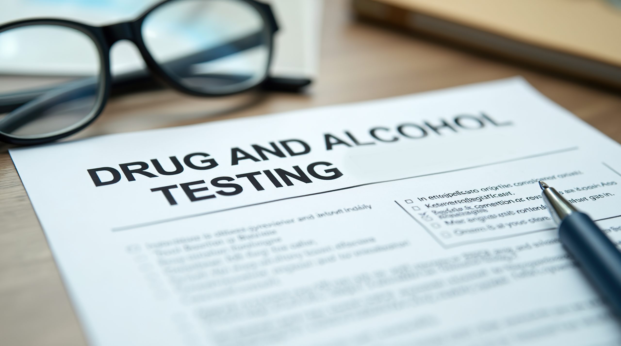 A drug and alcohol testing consent form lies on a table with a pen and glasses, indicating an official setting.